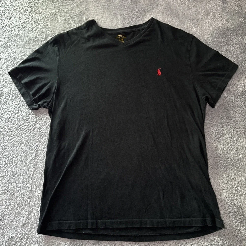 Polo Ralph Lauren Men's Large Short Sleeve V Neck Black Cotton T Shirt Red Pony